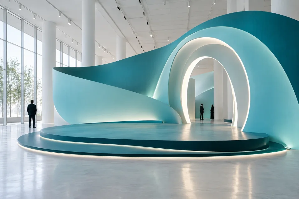 Illustrative teal event space with sculptural arches and an illuminated stage
