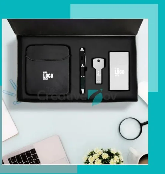 Technology gift set with a sleeve, pen, power bank and USB